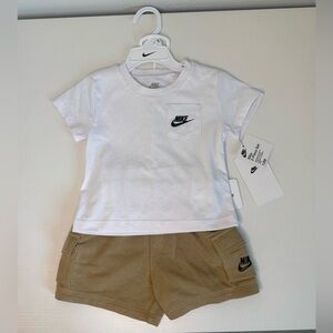 Nike Baby Outfit Set 12M T-Shirt Shorts Beige White Swoosh 2pc NEW